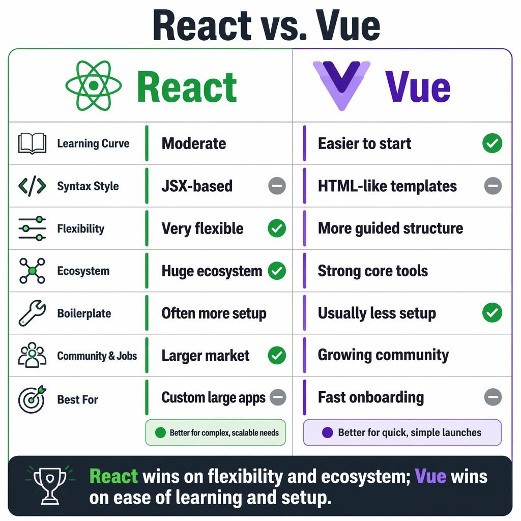 Mapa comparativo React vs. Vue en dos columnas, 7 filas de atributos, iconos genéricos y barra de veredicto final.
