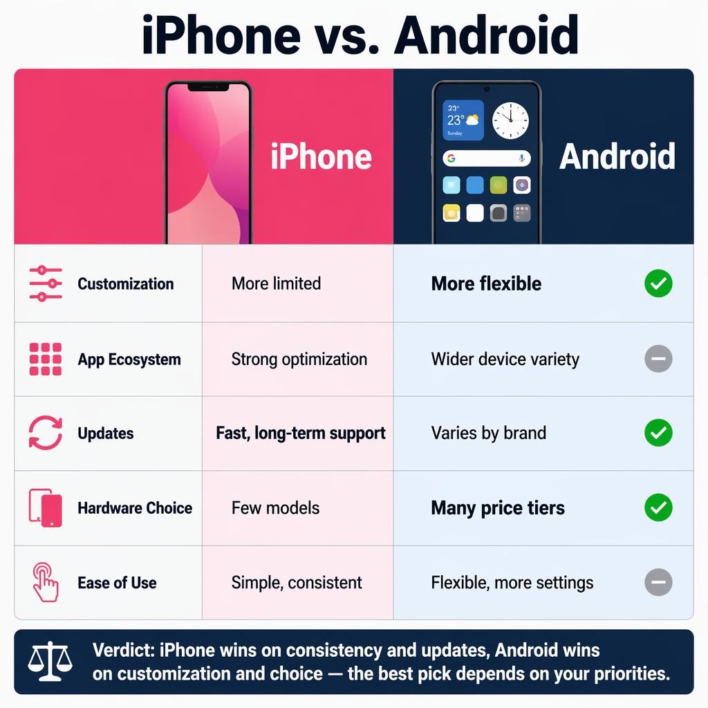 Side-by-side iPhone vs Android comparison infographic with 5 feature rows, icons, winner highlights, and verdict bar.