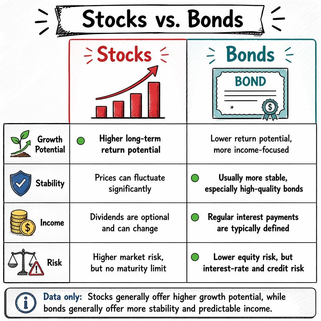 Sketch-style Stocks vs. Bonds comparison infographic with 4 rows, red and teal columns, icons, and neutral summary.