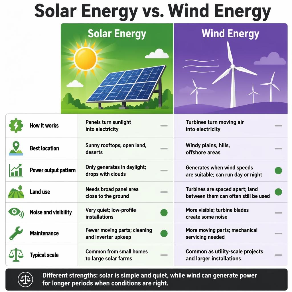 Vertical split infographic comparing Solar Energy and Wind Energy with 7 rows, green solar column and purple wind column.