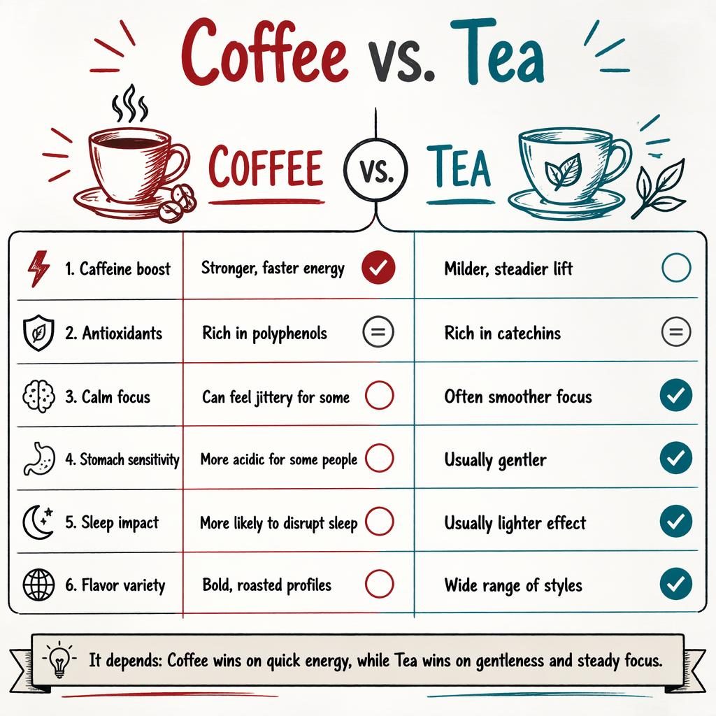 Sketch-style Coffee vs. Tea comparison infographic with 6 checklist rows, red and teal columns, icons, and verdict bar.