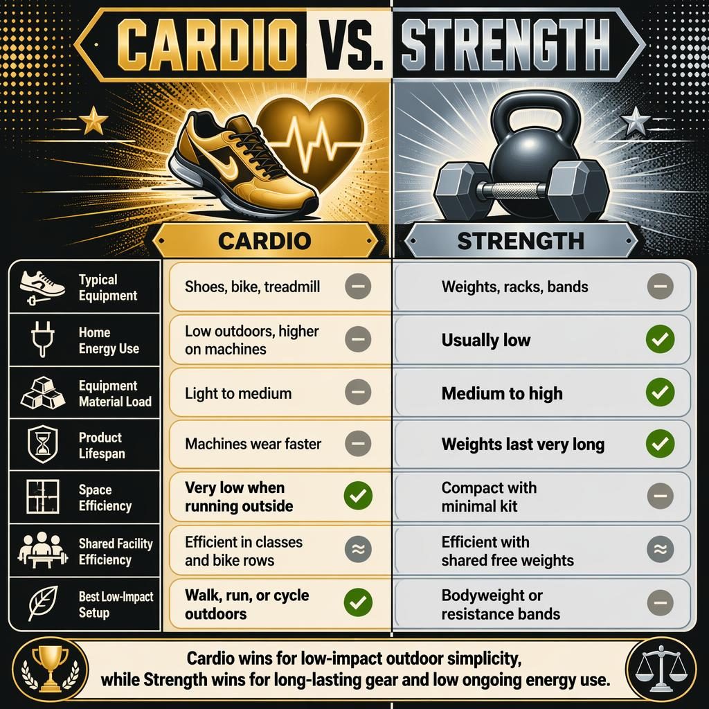 Retro pop Cardio vs. Strength infographic with gold and silver columns, 7 comparison rows, icons, and a verdict bar.