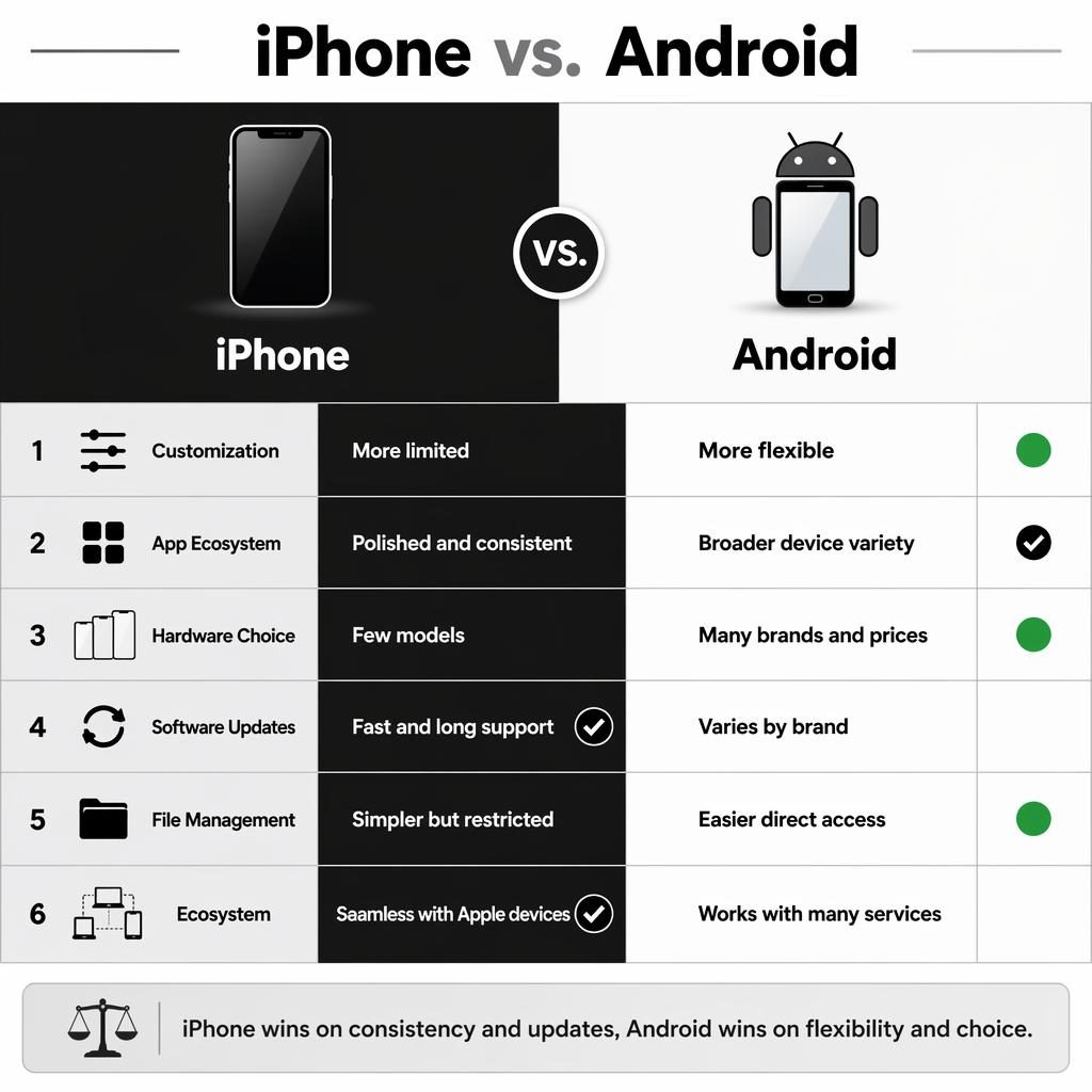 Infographie comparative iPhone vs Android en deux colonnes, 6 critères, icônes génériques, verdict final en bas.