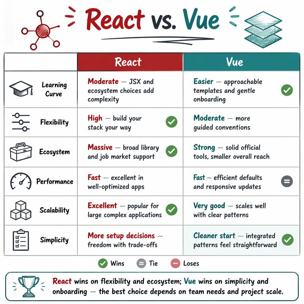 Whiteboard-style React vs Vue comparison infographic with 6 rows, red and teal columns, icons, winner markers, and verdict bar.