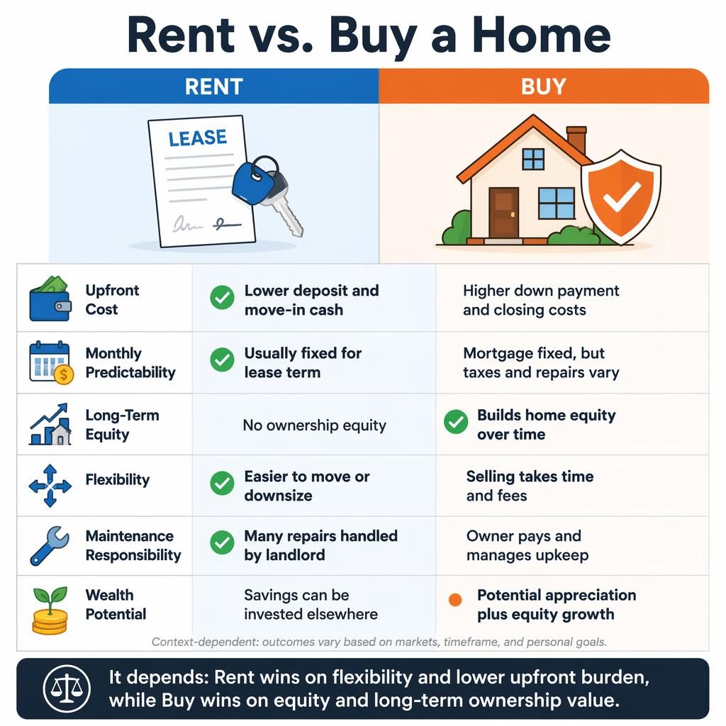 Infographie minimaliste en deux colonnes comparant Rent et Buy a Home, avec 6 critères, icônes et barre de verdict finale.