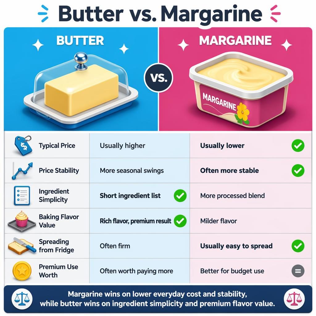 Isometric infographic comparing butter vs. margarine in two columns with six price and usage rows, icons, and win marks.