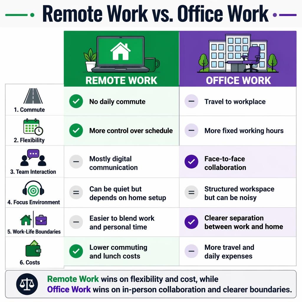 Vertical split infographic comparing Remote Work and Office Work in 6 rows with icons, winners, and a verdict bar.