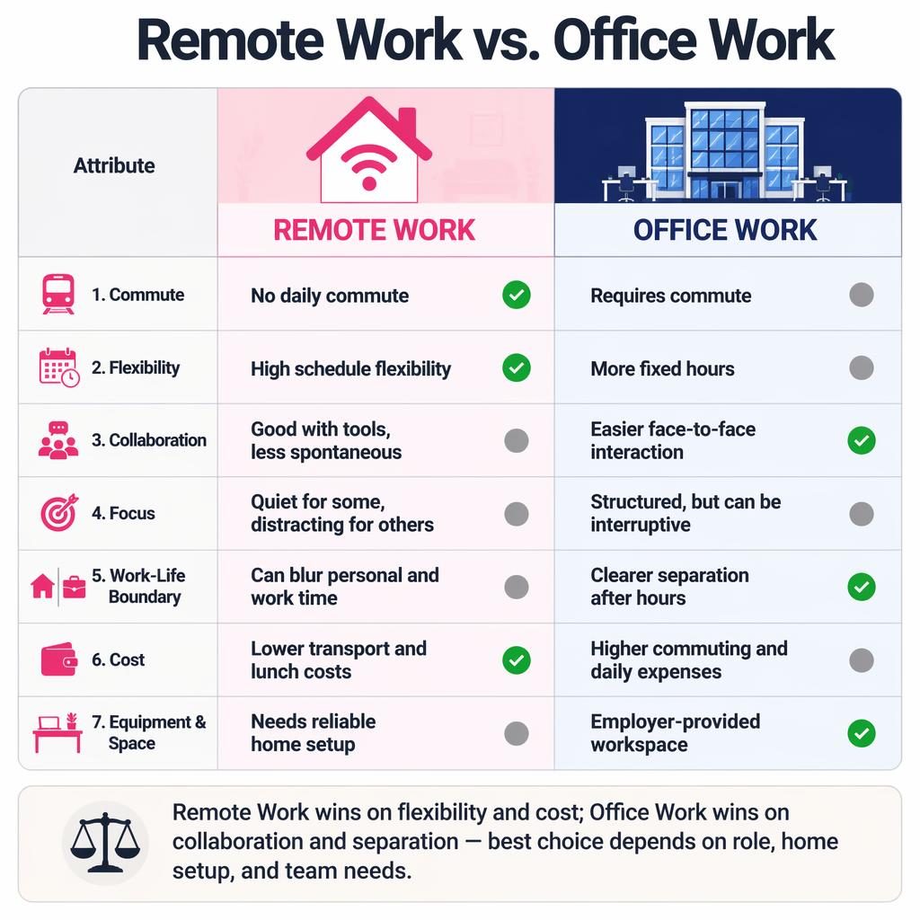 Infographie comparative en deux colonnes Remote Work vs Office Work avec 7 critères, icônes vectorielles et verdict final.