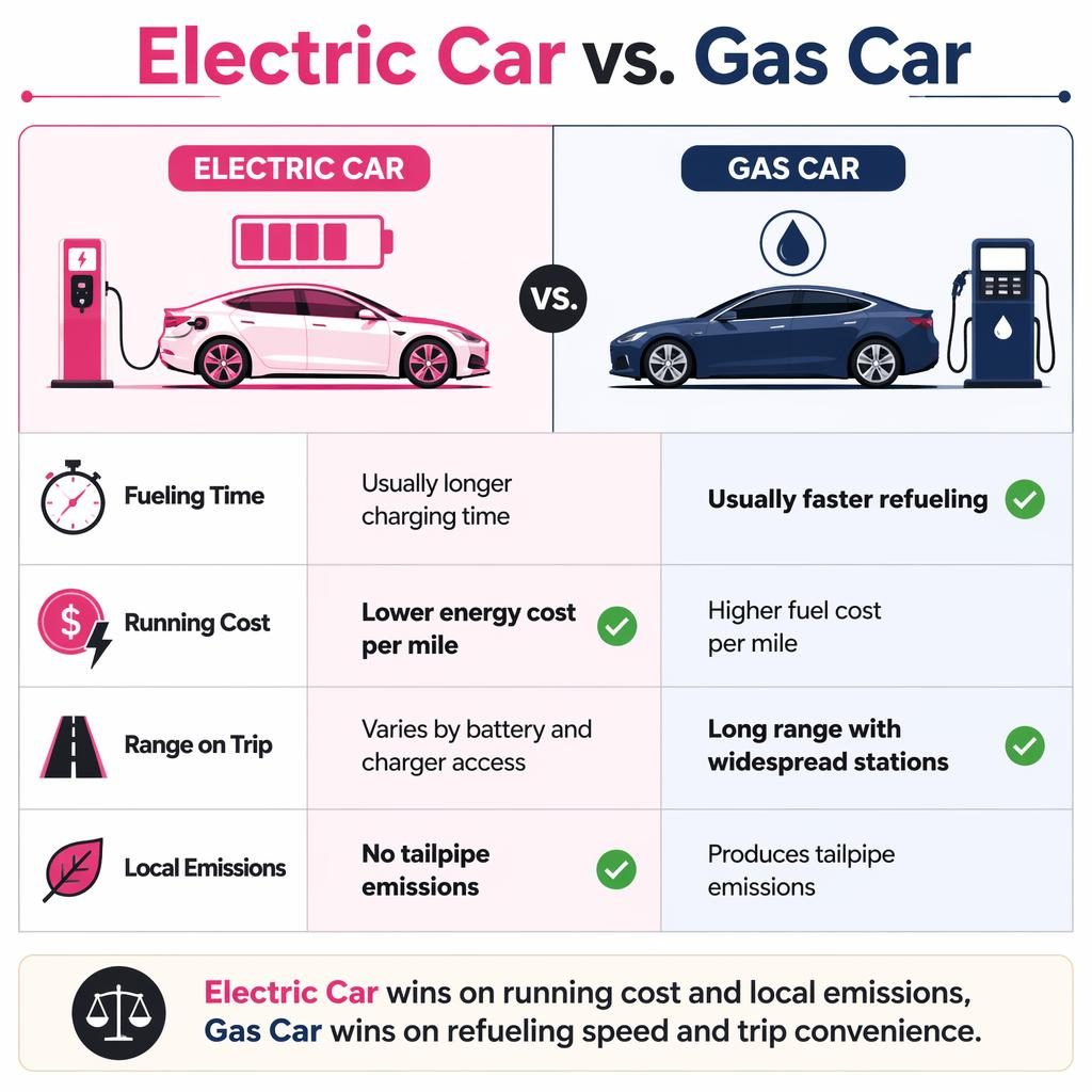 Side-by-side infographic comparing electric car and gas car features with 4 rows, icons, winner marks, and verdict bar.