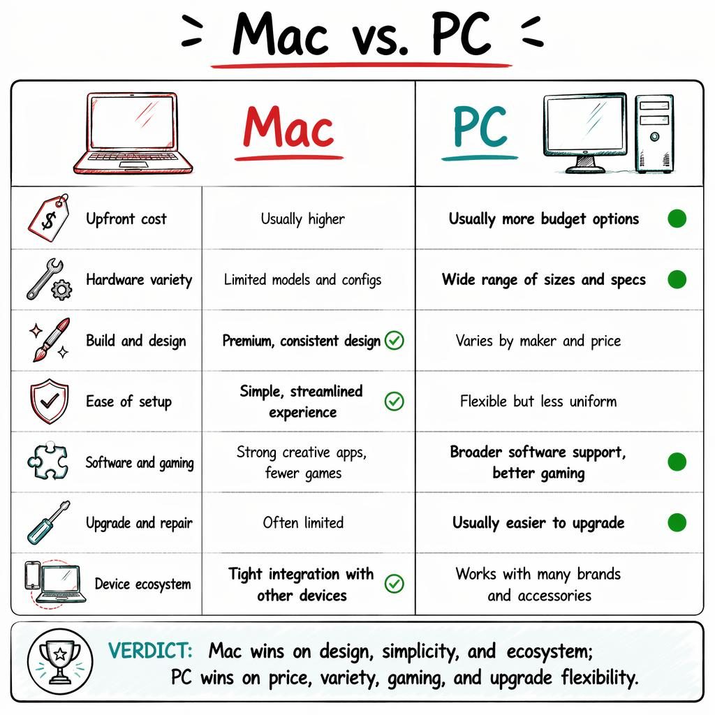 Infographie comparative Mac vs PC en deux colonnes, 7 critères, accents rouge et teal, style croquis sur fond blanc.