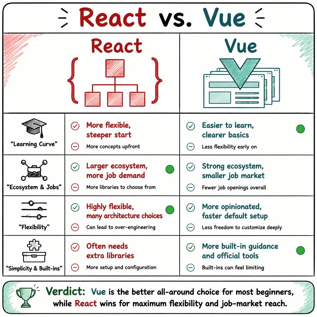 Infographie en deux colonnes React vs Vue, style croquis sur fond blanc, avec 4 critères, coches vertes et verdict final.