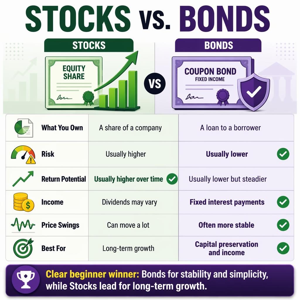 Infographie comparative Stocks vs. Bonds en deux colonnes symétriques, 6 lignes d’attributs, icônes finance, accents vert et violet.