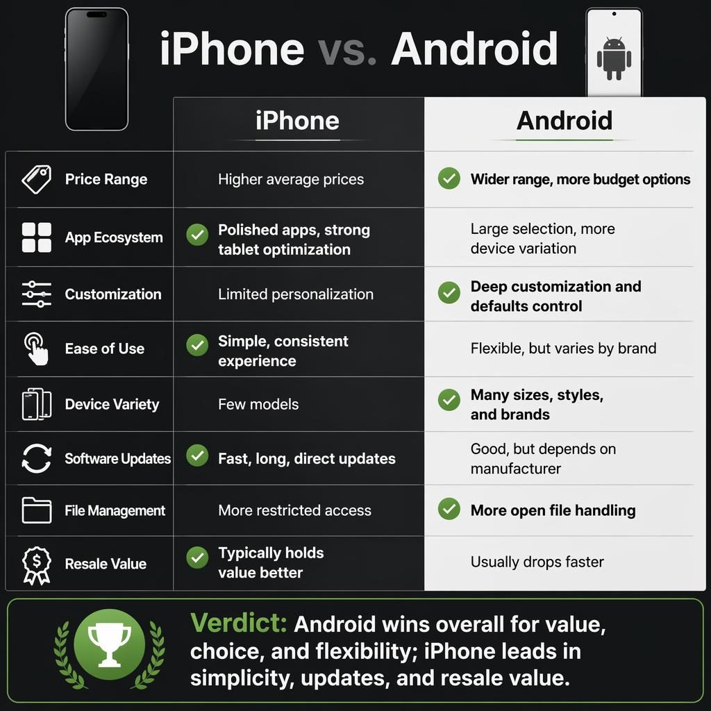 Infographie comparative iPhone vs Android en deux colonnes, 8 critères, icônes neutres et verdict final équilibré.