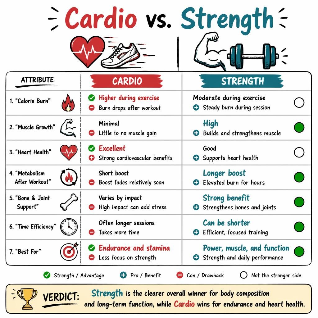 Infografía cuadro paralelo Cardio vs. Strength con dos columnas, 7 filas comparativas, iconos fitness y veredicto final.