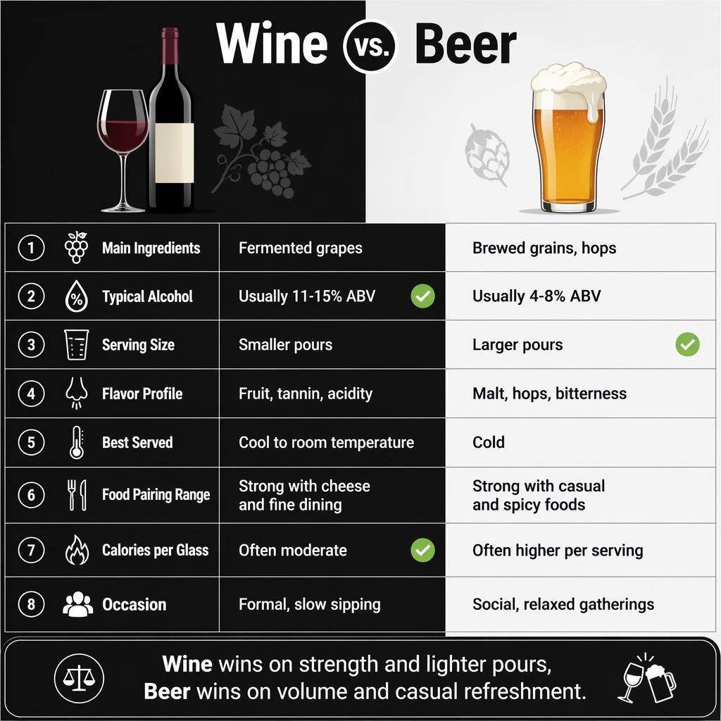 Black and white Wine vs. Beer comparison infographic with two columns, 8 rows, icons, winner markers, and verdict bar.