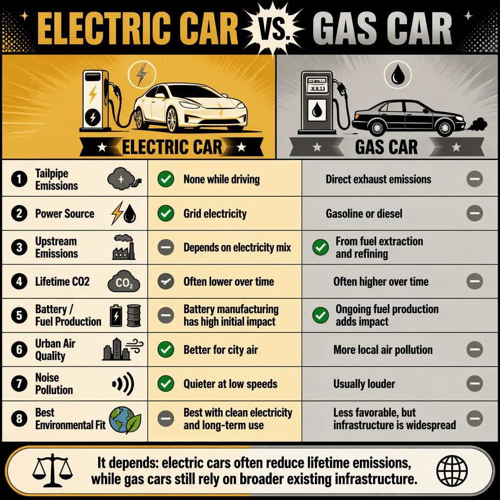 Retro pop infographic comparing Electric Car vs Gas Car in two columns with 8 attribute rows and a neutral verdict bar.