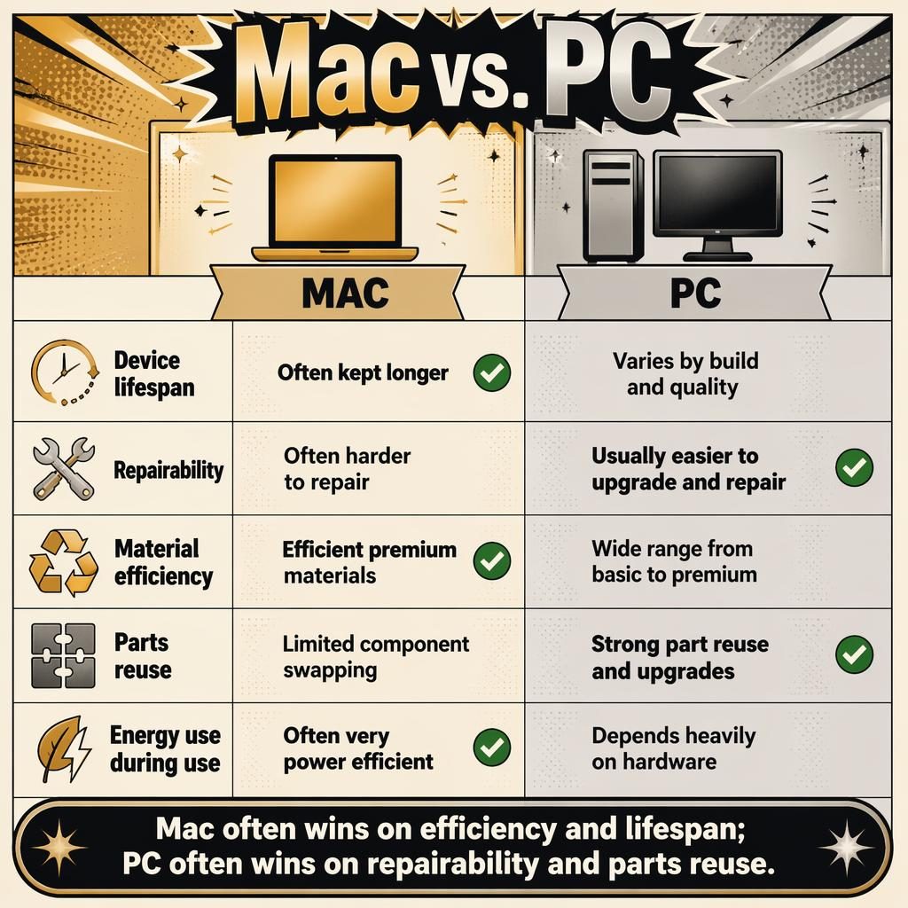 Infographie rétro en deux colonnes Mac vs PC, or et argent, avec 5 critères d’impact environnemental et verdict final.