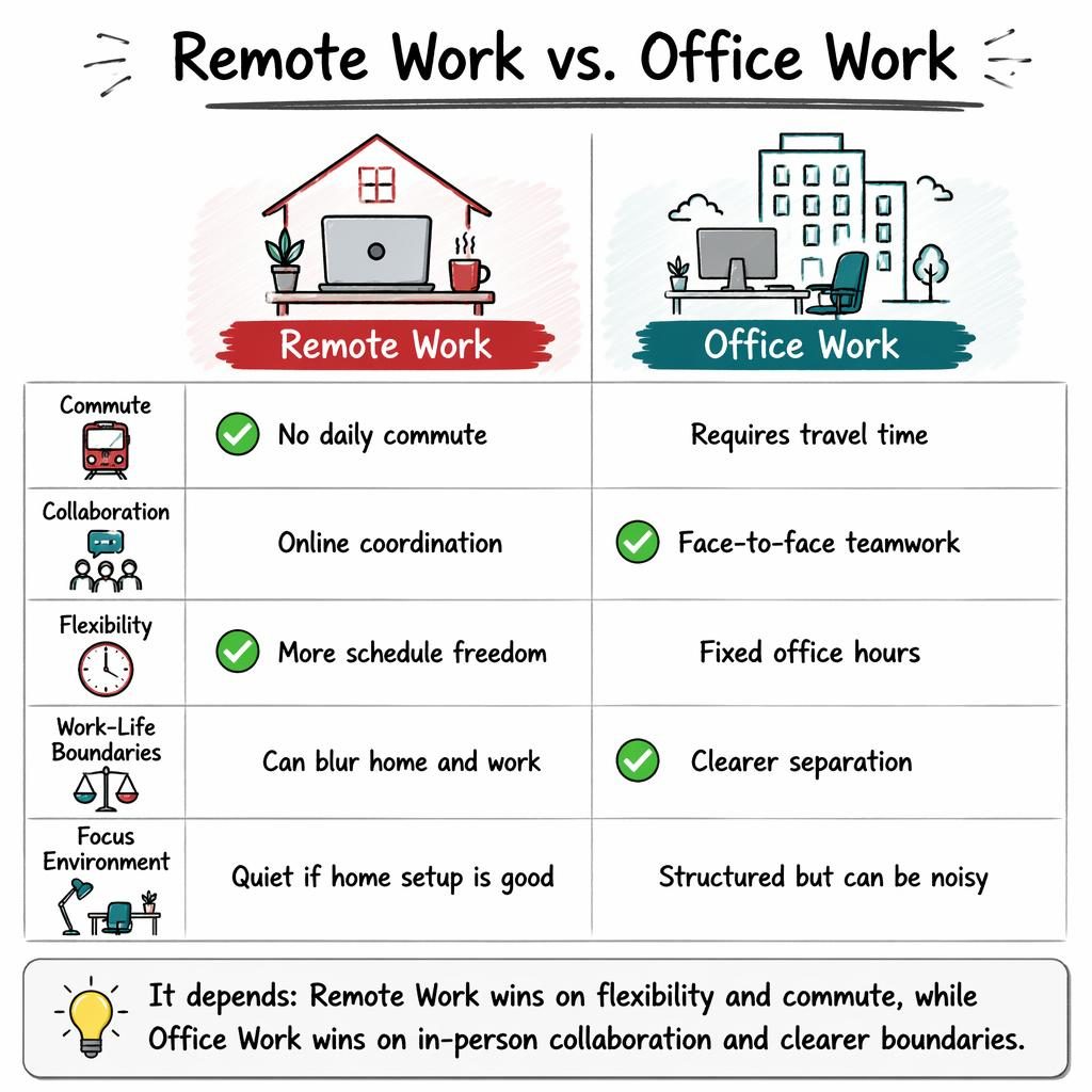 Sketch-style infographic comparing Remote Work vs Office Work in 5 rows with icons, verdict bar, red and teal accents.