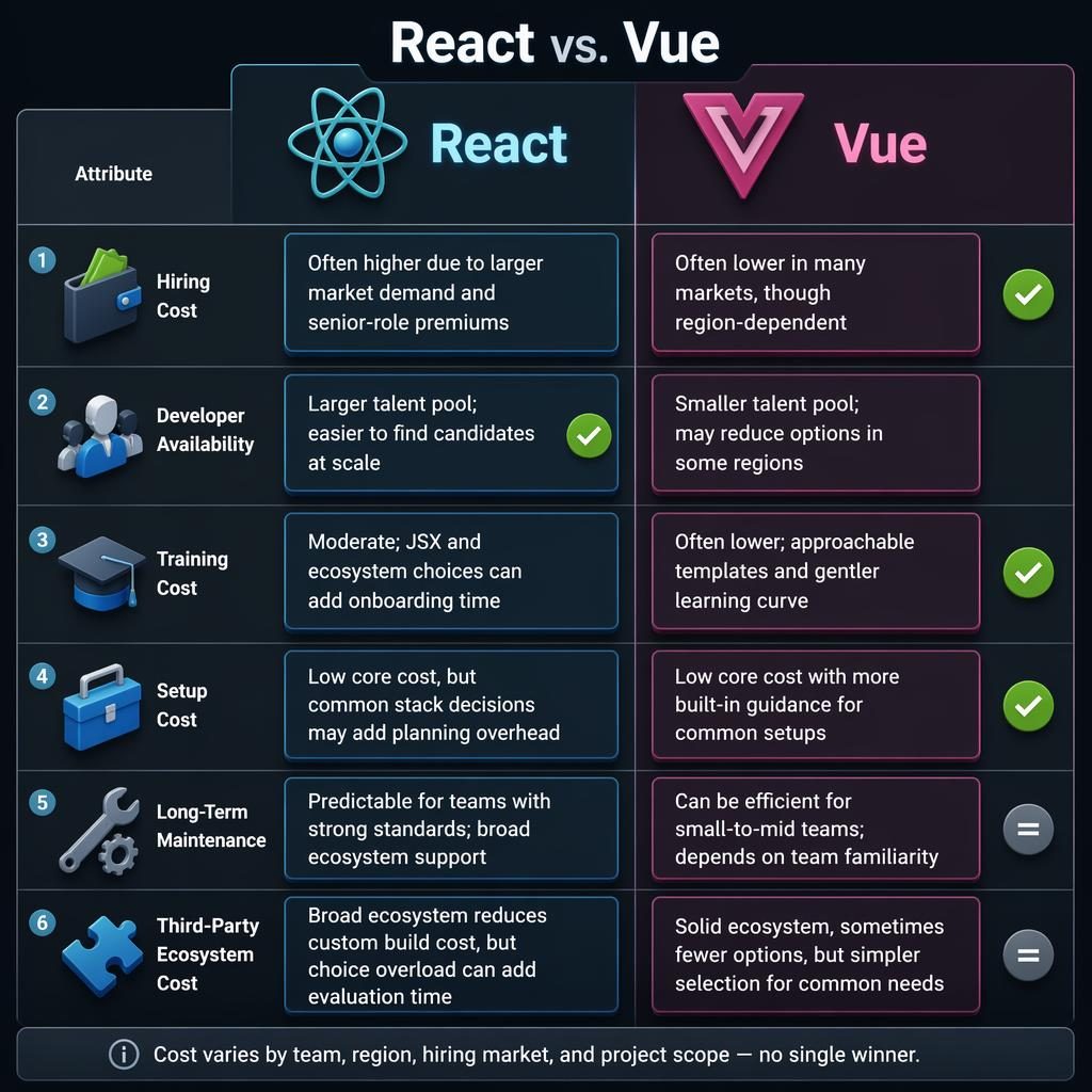 Dark isometric infographic comparing React and Vue in 6 cost rows with cyan and magenta columns, icons, and neutral footer.