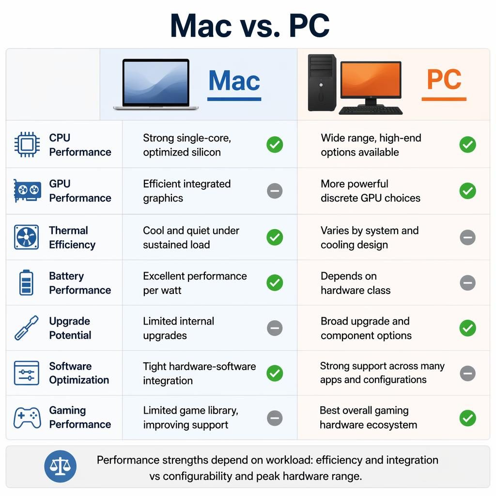 Minimal infographic comparing Mac vs PC in two columns across 7 performance rows with blue and orange accents.
