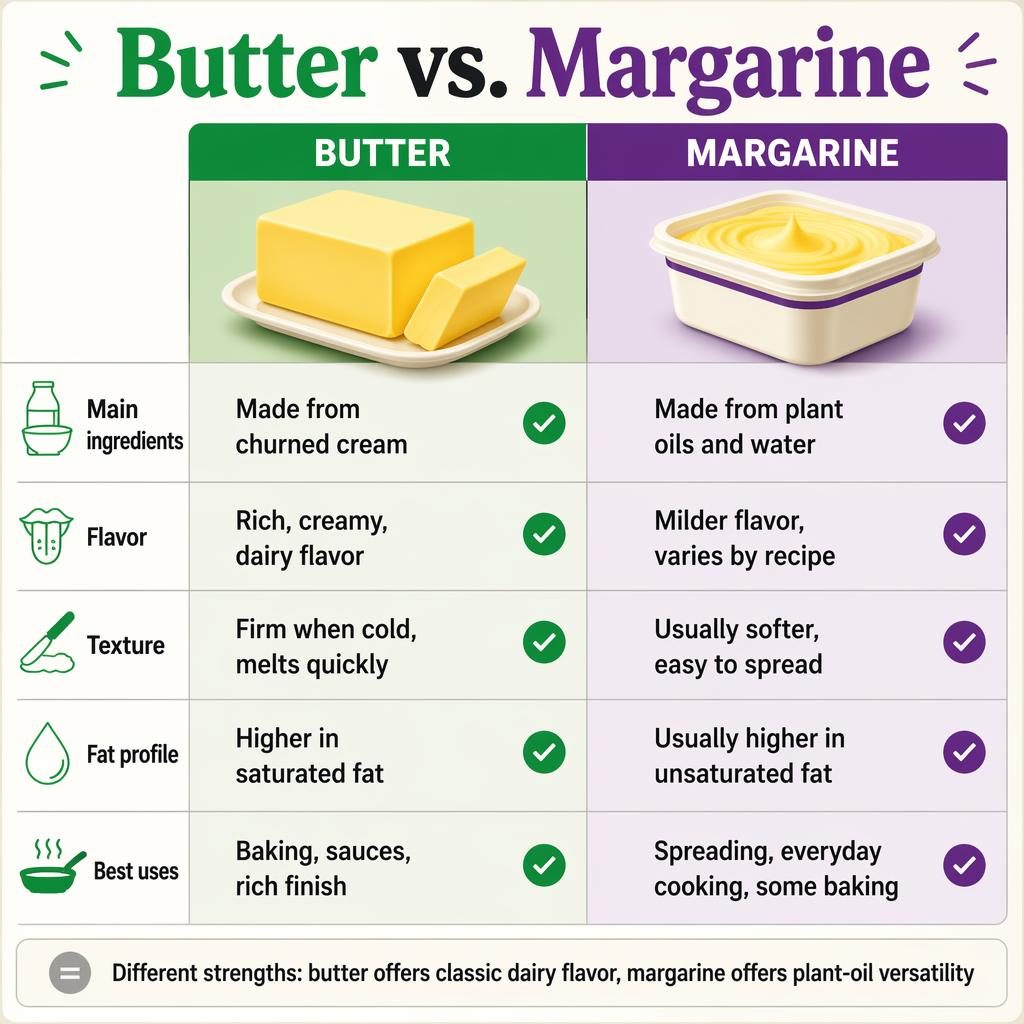 Infographie comparative Butter vs. Margarine en deux colonnes, 5 critères, accents verts et violets, mise en page éditoriale.