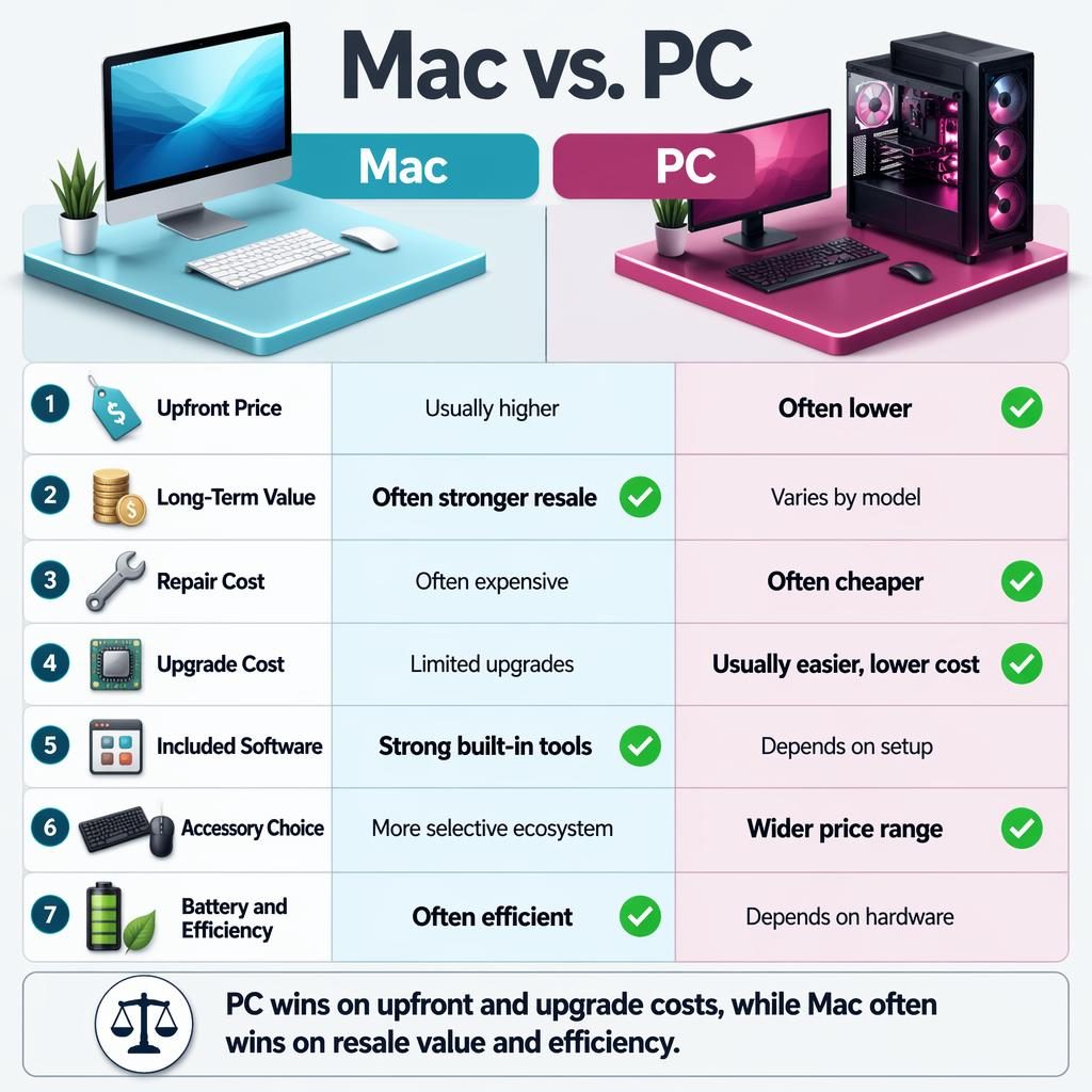 Infographie 3D Mac vs PC en deux colonnes, 7 lignes comparatives, icônes, verdict final et accents cyan magenta.