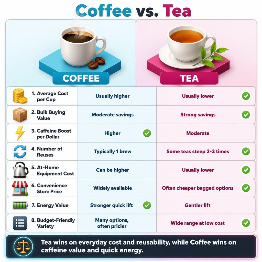 Isometric Coffee vs Tea comparison infographic with 8 rows, icons, winner highlights, and a bottom verdict bar.