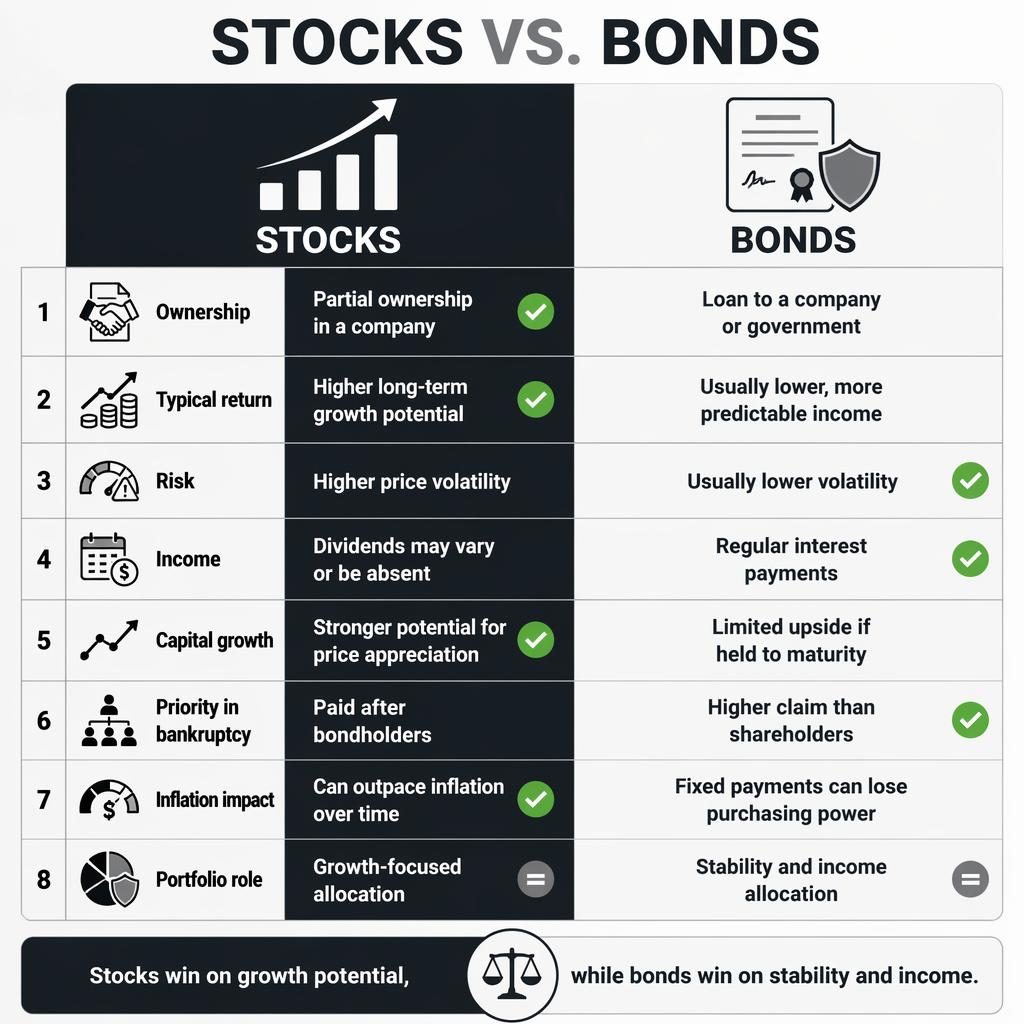 Side-by-side Stocks vs. Bonds infographic with 8 comparison rows, icons, winner markers, and a balanced verdict bar.