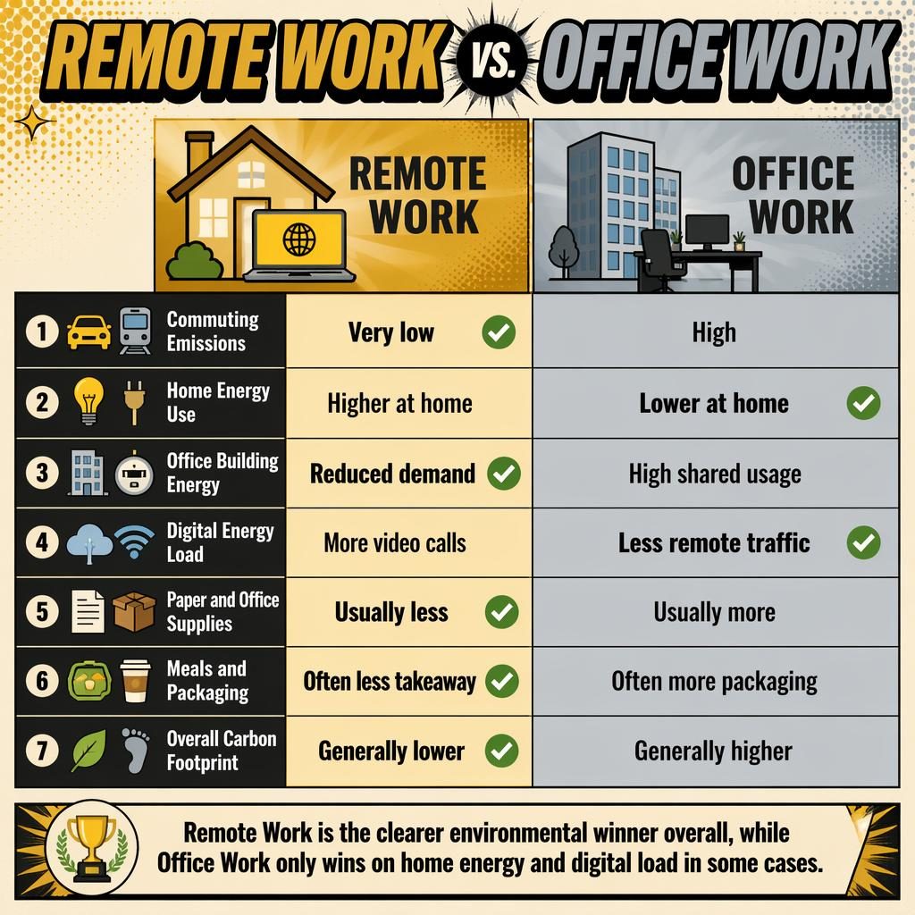 Retro pop infographic comparing remote work vs office work across 7 environmental impact rows in a balanced table.