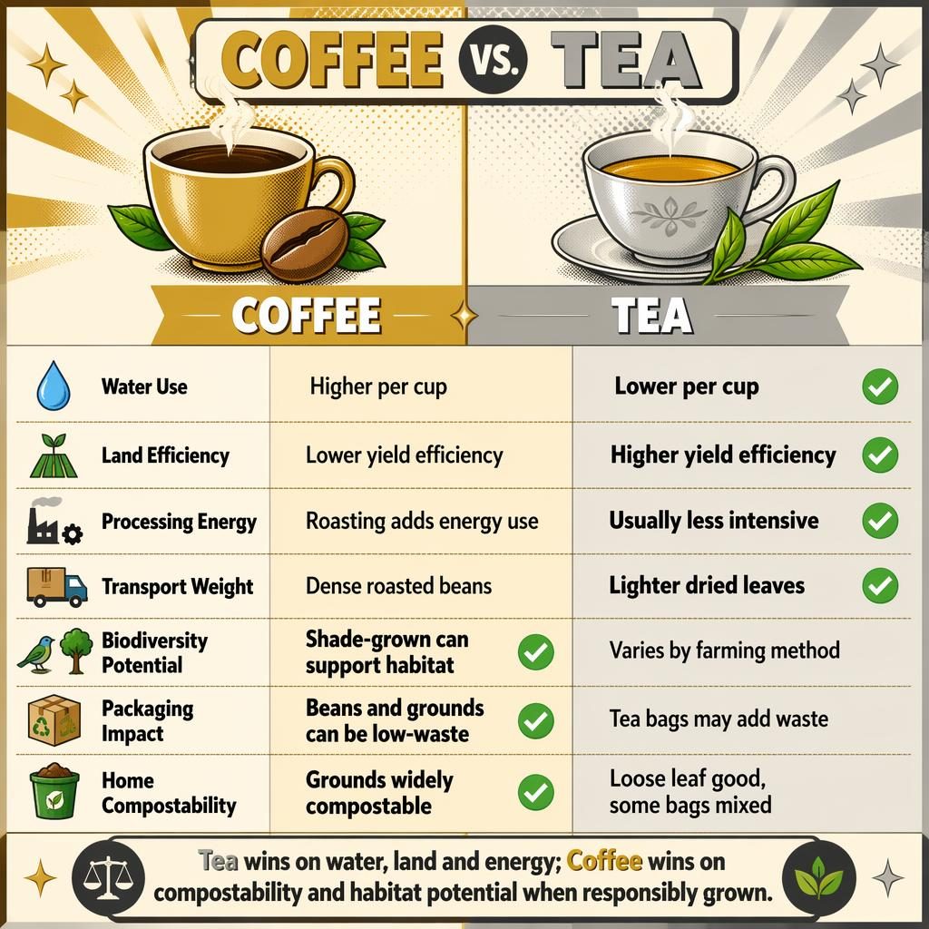Retro pop comparison infographic with two columns, Coffee vs Tea, 7 eco-impact rows, winner marks, and bottom verdict bar.