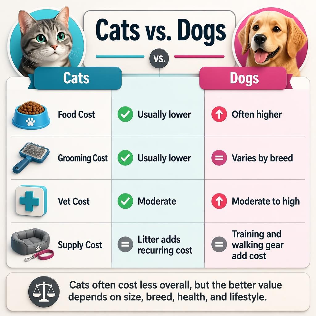 Infografía comparativa Cats vs. Dogs en dos columnas con 4 filas de costos, iconos, acentos cian y magenta y veredicto final.