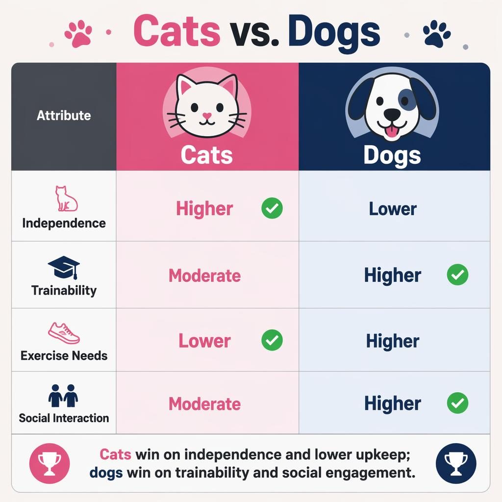 Side-by-side Cats vs. Dogs comparison infographic with 4 feature rows, pink and navy columns, icons, and verdict bar.