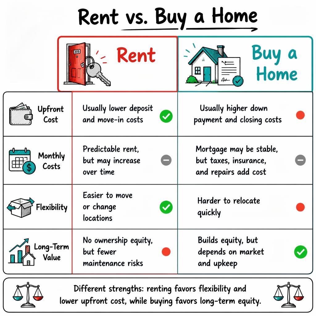 Infografía estilo pizarra con dos columnas: Rent y Buy a Home, 4 filas comparativas, iconos y veredicto neutral final.