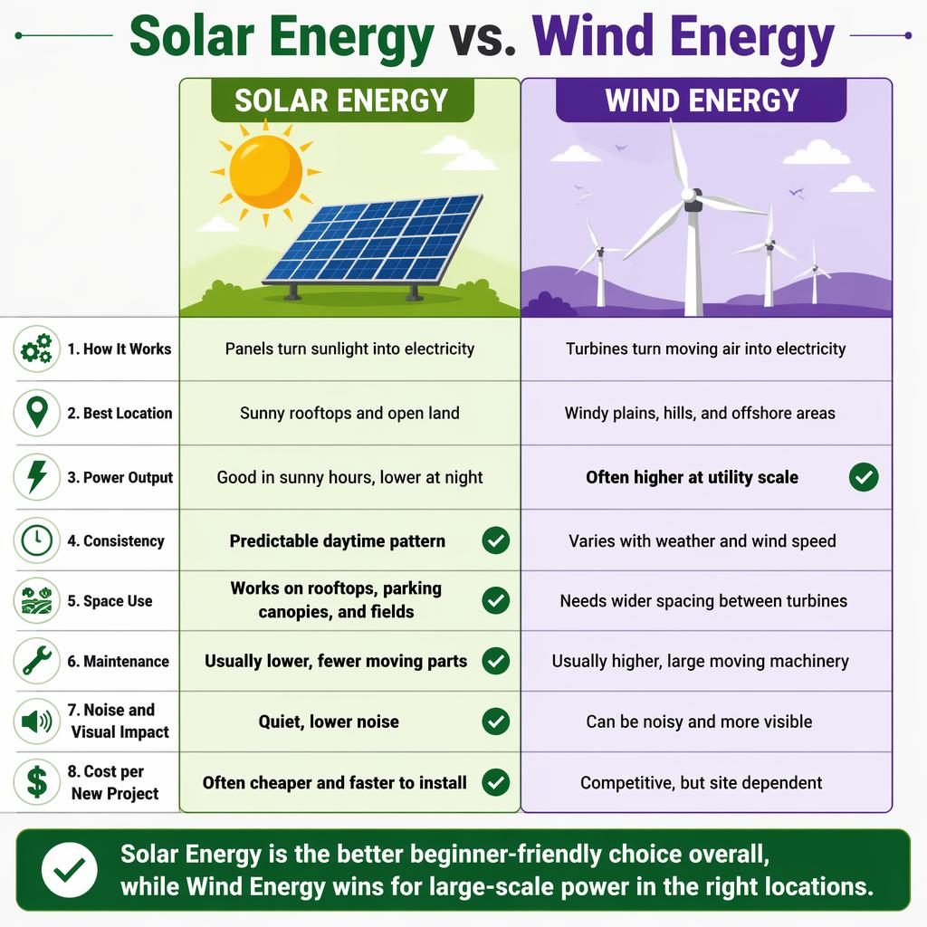 Side-by-side infographic comparing Solar Energy and Wind Energy with 8 rows, icons, winner highlights, and verdict bar.