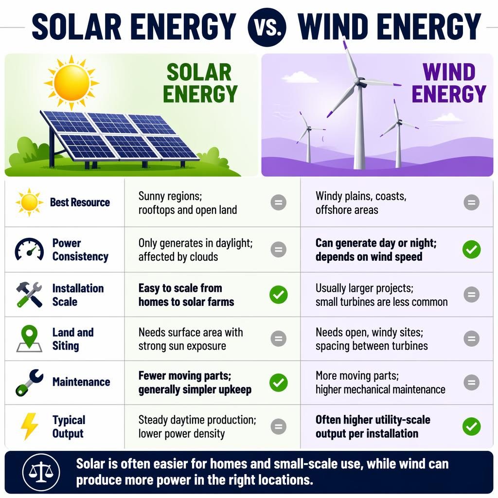 Vertical split infographic comparing Solar Energy and Wind Energy with 6 labeled rows, icons, winner accents, and verdict bar.