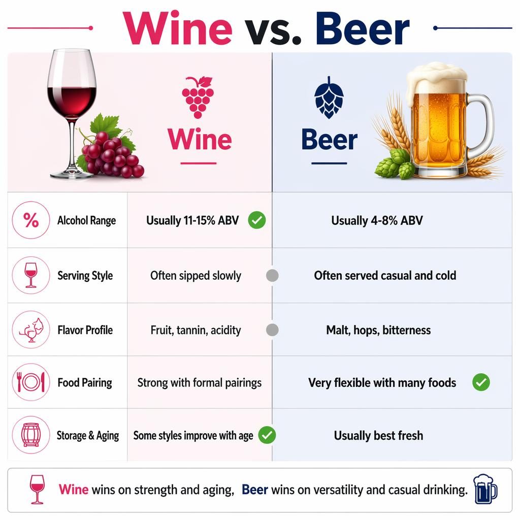 Side-by-side Wine vs. Beer comparative infographic with 5 feature rows, icons, balanced winner accents, and verdict bar.