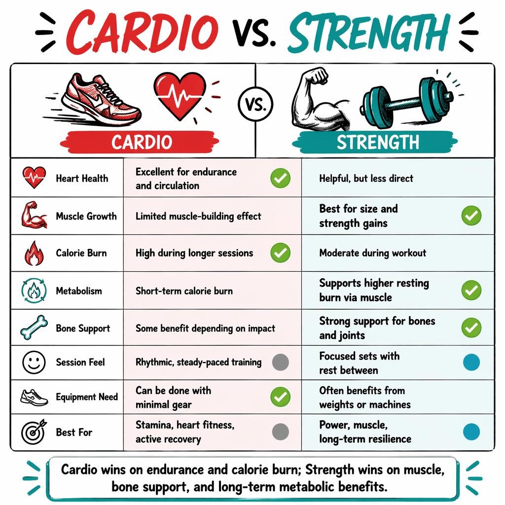 Sketch-style Cardio vs. Strength comparison infographic with 8 rows, red and teal columns, icons, and a bottom verdict bar.