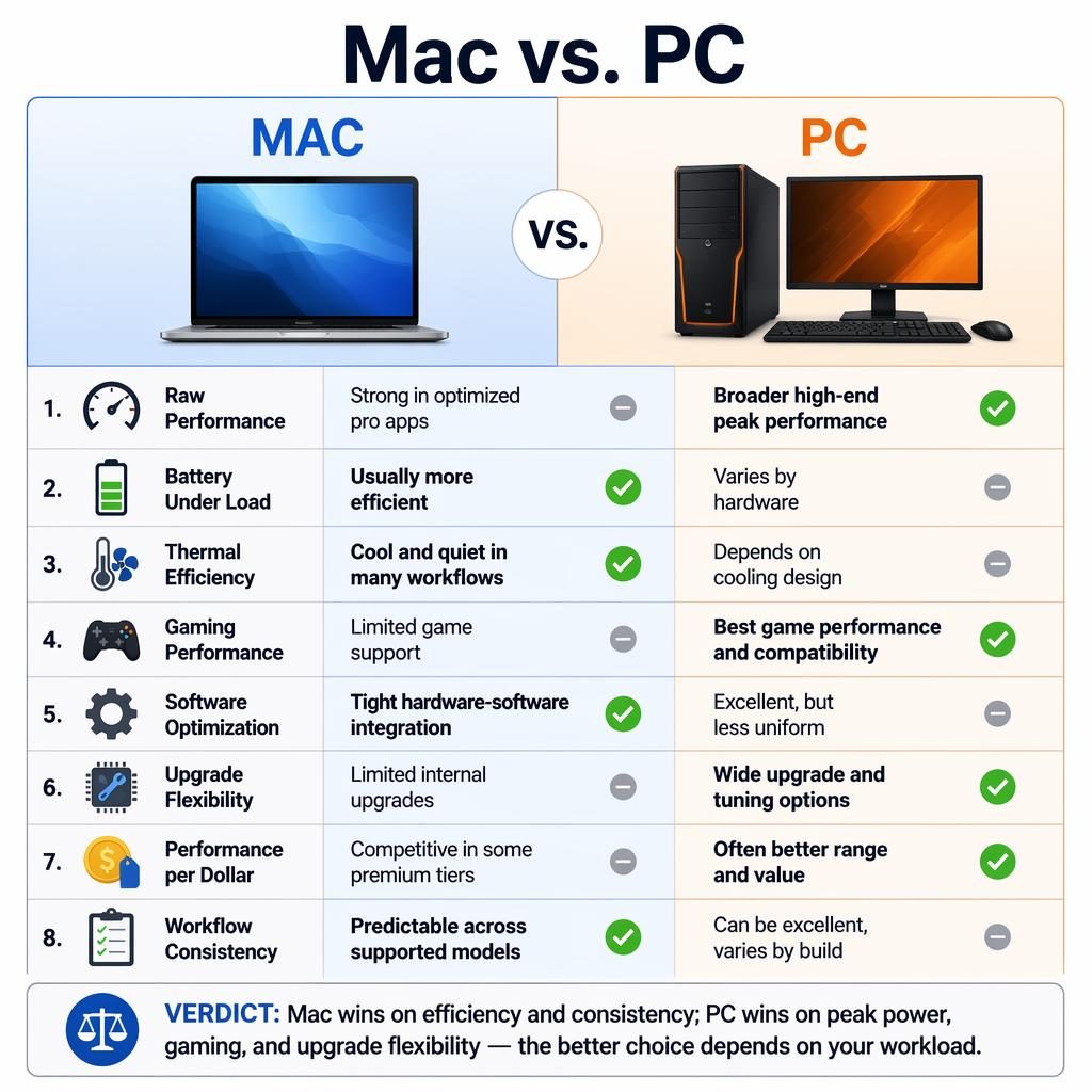 Zweispaltige Infografik Vergleich Mac vs. PC mit 8 Leistungsreihen, Icons, Sieger-Markierungen und Fazitbalken.