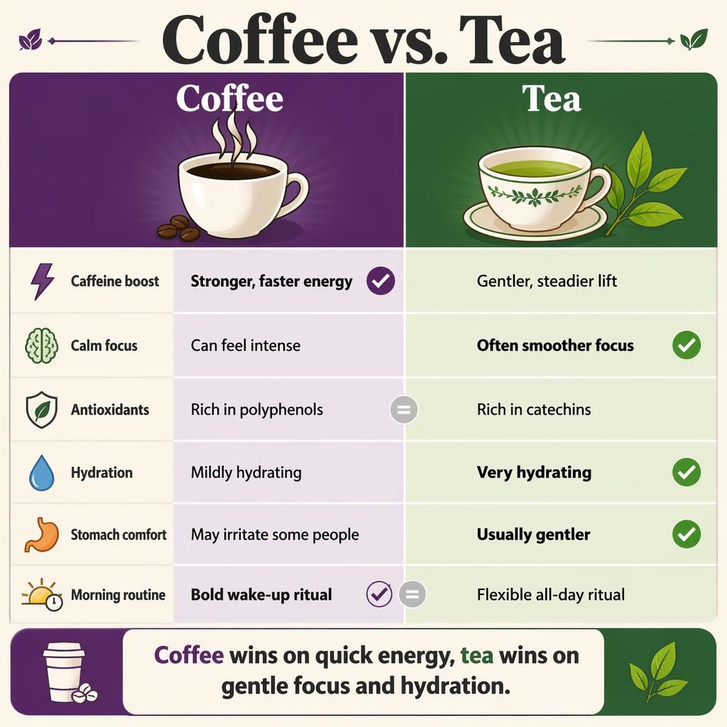 Infographie en deux colonnes Coffee vs Tea avec 6 critères, icônes boisson, accents violet et vert sur fond crème.