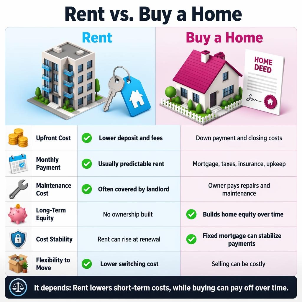 Isometric side-by-side infographic comparing Rent vs. Buy a Home with 6 cost rows, icons, winner highlights, and verdict bar.