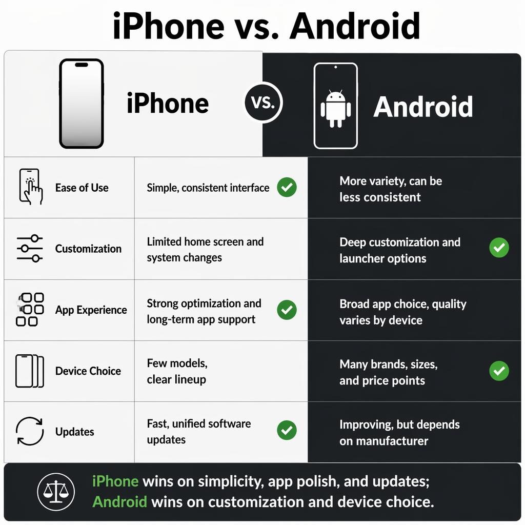 Infographie comparative iPhone vs Android en 2 colonnes, 5 critères, icônes simples, séparateur central et verdict en bas.