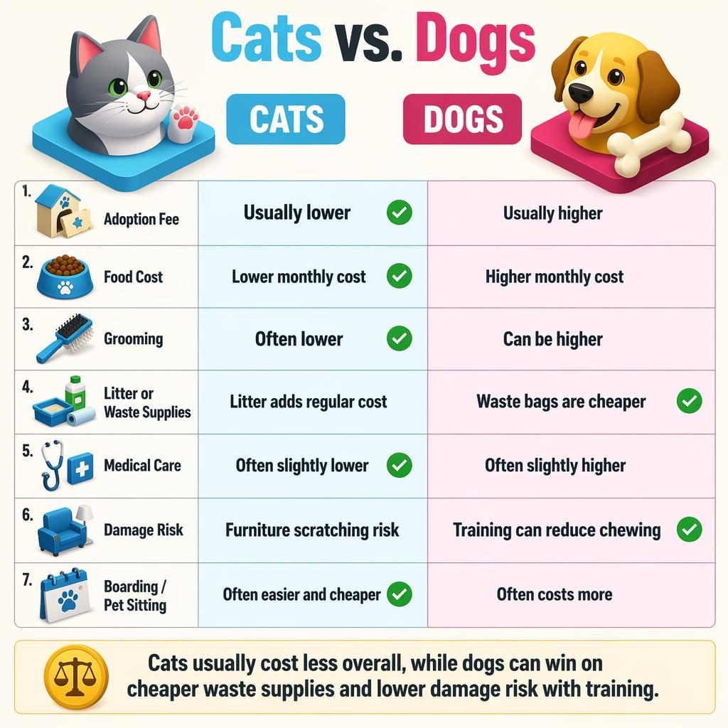 Isometric infographic comparing cats vs dogs in 7 cost rows with cyan and magenta columns, icons, winners, and verdict bar.