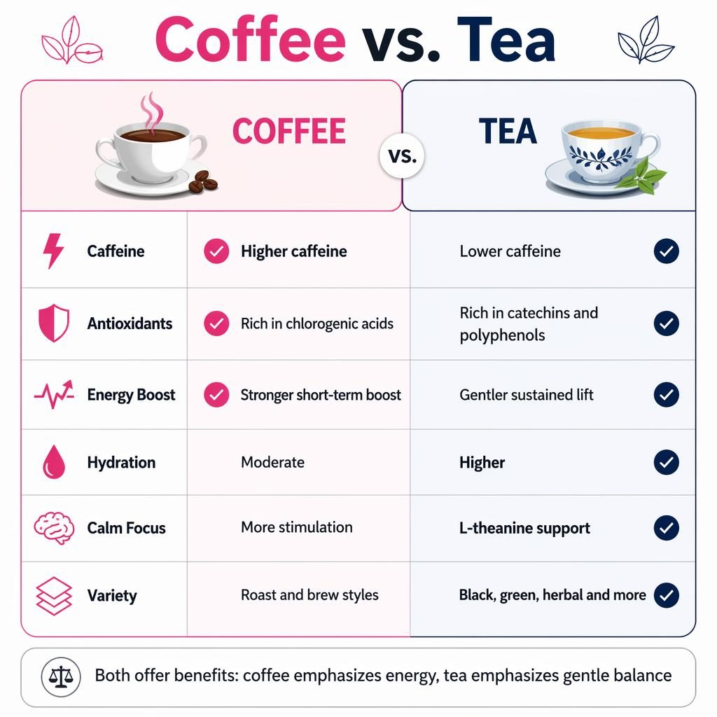Side-by-side Coffee vs. Tea infographic with 6 comparison rows, icons, pink coffee column, navy tea column, and verdict bar.