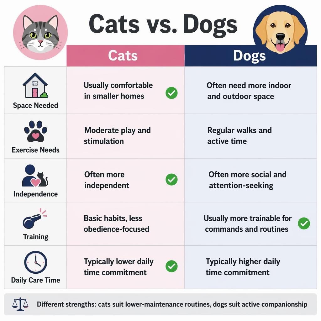Tech-style Cats vs. Dogs comparison infographic with two columns, five feature rows, icons, and pink and navy accents.
