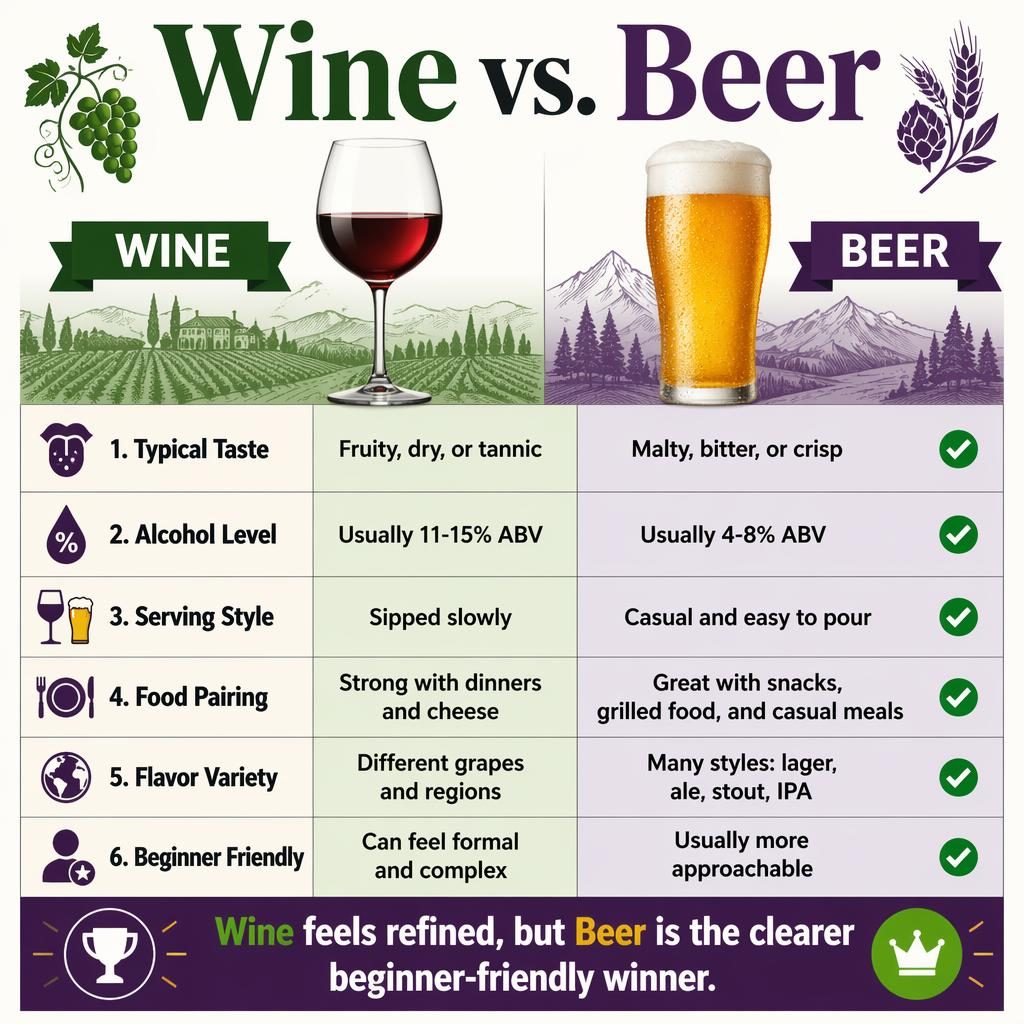 Infografía comparativa Wine vs. Beer con dos columnas, 6 filas de atributos, iconos de copa y pinta, y veredicto final.