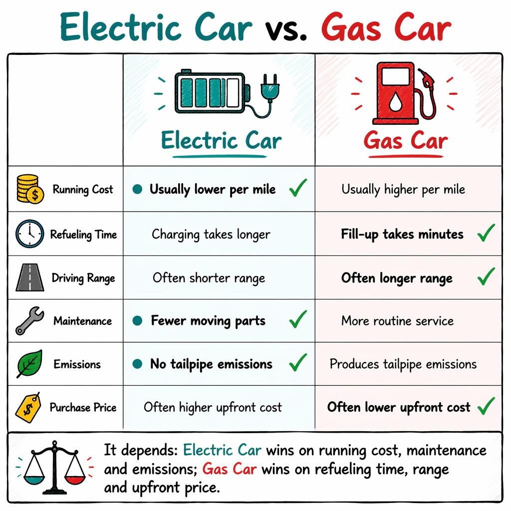 Sketch-style compare and contrast infographic showing Electric Car vs Gas Car in two columns with 6 rows and verdict bar.