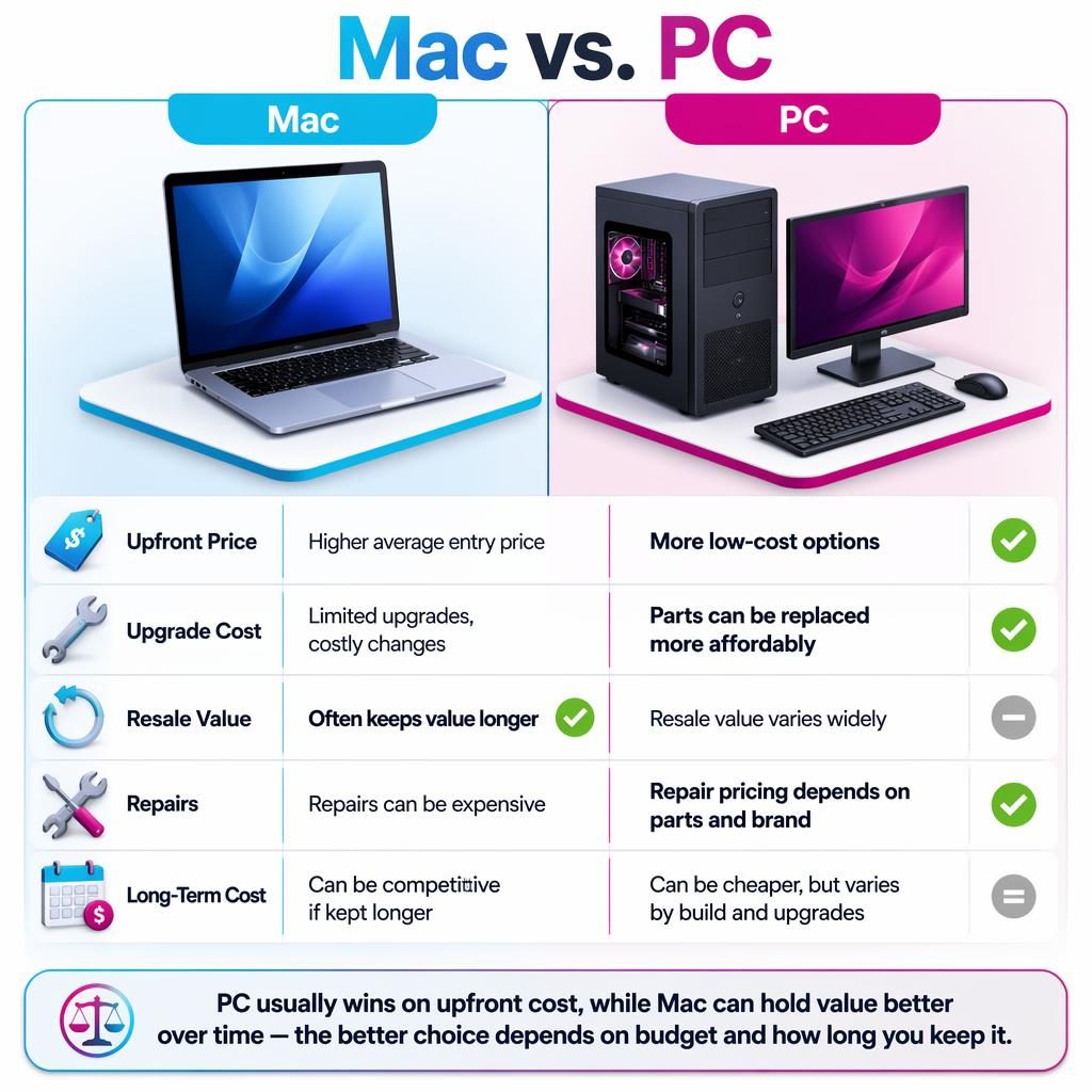 Infografia comparativa Mac vs. PC con 5 filas de atributos, iconos, columnas simétricas y veredicto final en inglés.