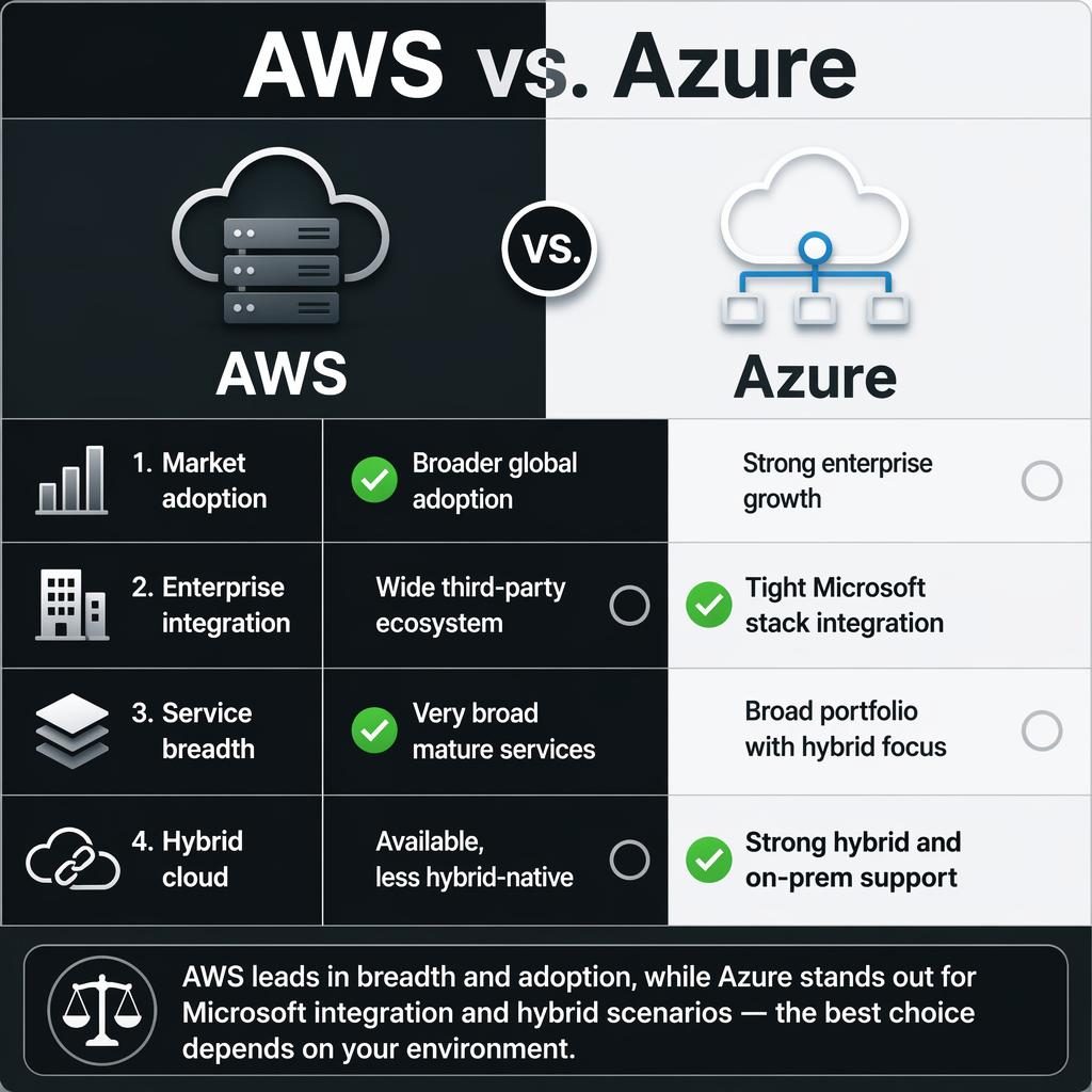 Black-and-white AWS vs Azure comparison infographic with 4 rows, icons, winner markers, and a balanced verdict bar.