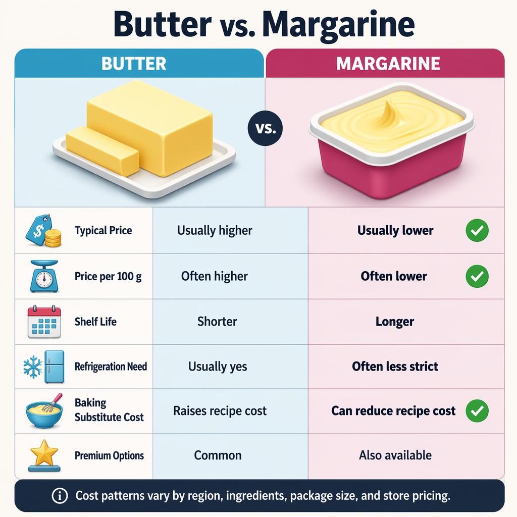Cuadro de comparación Butter vs. Margarine con dos columnas, iconos 3D isométricos y 6 filas de atributos en inglés.
