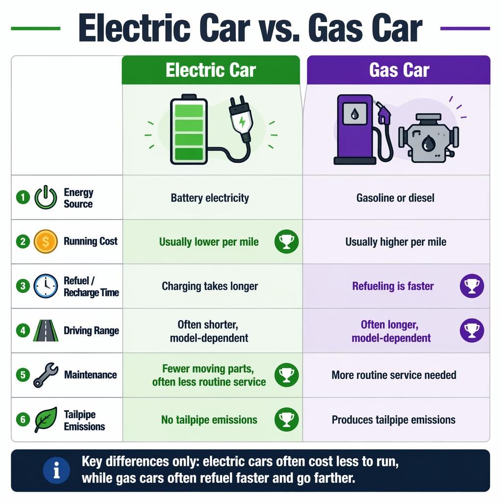 Side-by-side infographic comparing Electric Car and Gas Car across 6 rows with green and purple columns and icons.